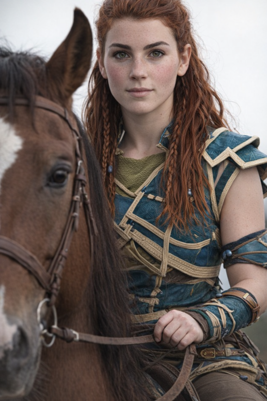Put her on a horse, close and vertical