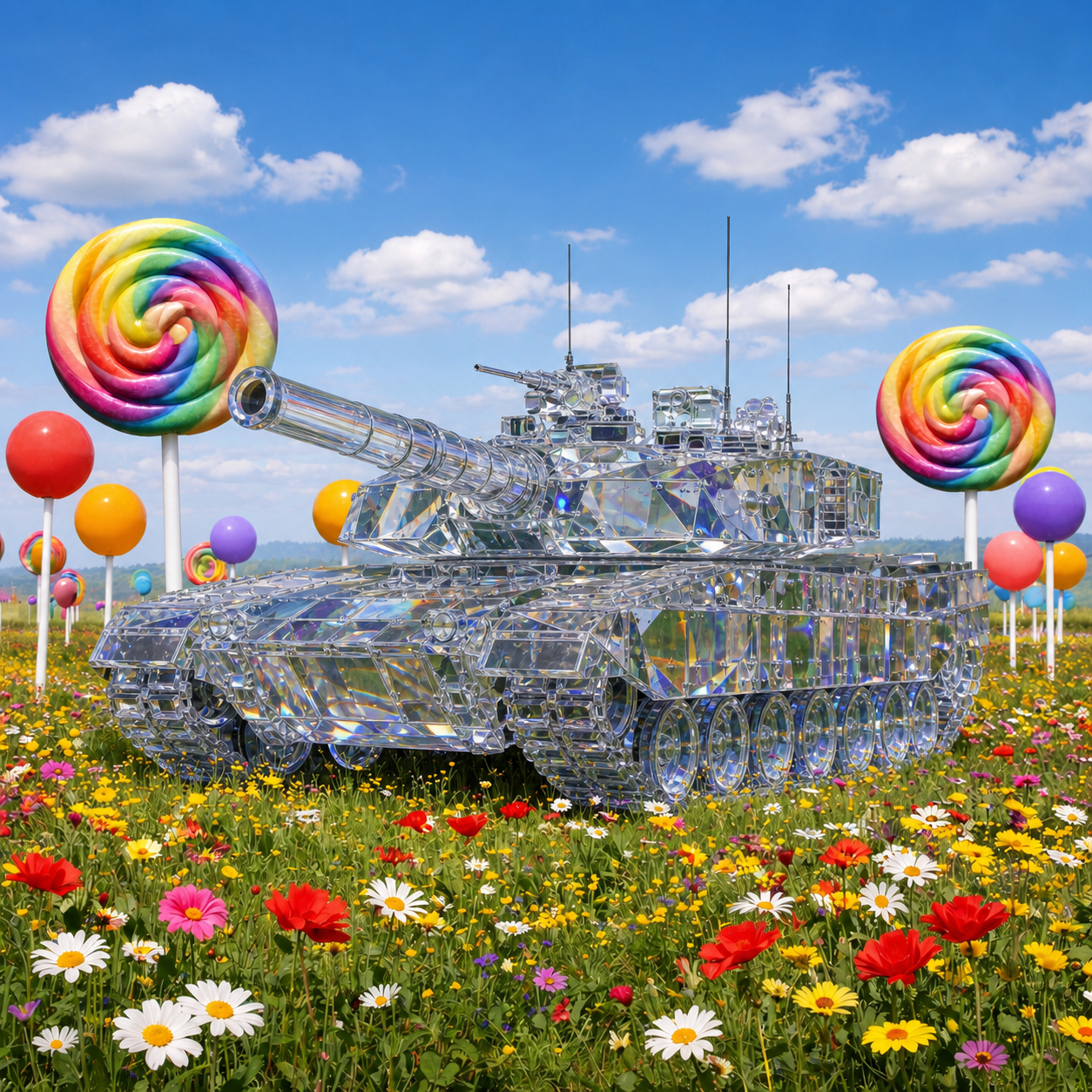 Please fix this image. The lollypop is in front of the tank cannon. Also, make the tank out of crystal with realistic reflections and refractions.