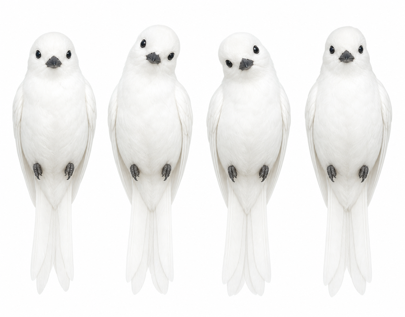 Use the style of the first birds, but generate 4 variations of them in the pose of the bird in the second photo. DO not change the style of birds, but do change their color to white birds. Get the details from them, but not color. The bird must be sitting and looking at us and to be sitting straigt, no angles, no slopes. Do not generate any branches, leaves, or anything else, expect the 4 variations of the same bird. Make them as large as possible to preserve high resolution.