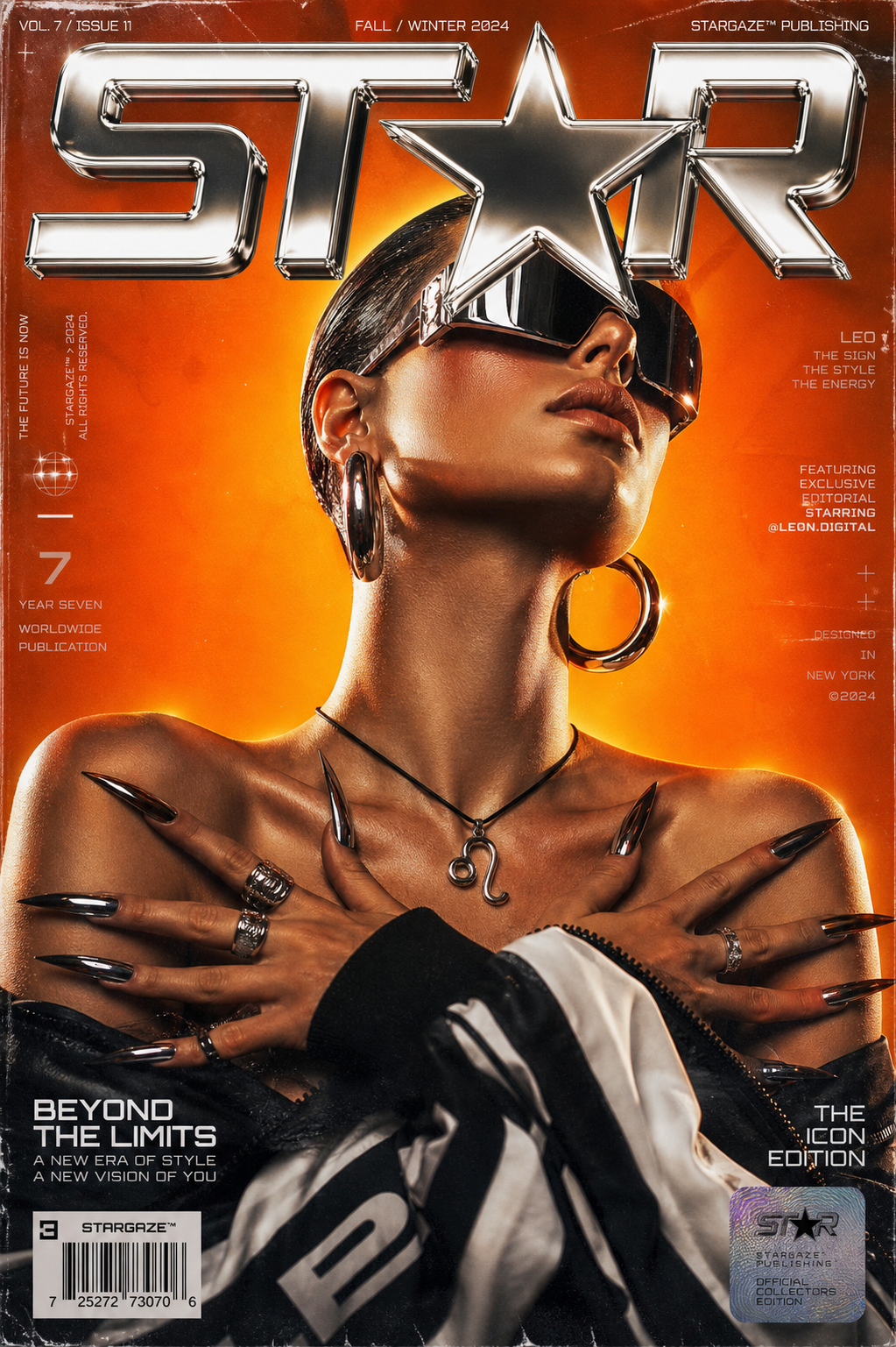 Ultra-stylized futuristic fashion magazine cover, high-end editorial photography, featuring an androgynous fashion model posed from the chest up against a glowing fiery orange-to-golden gradient background. The composition feels like a luxury fashion publication mixed with cyberpunk graphic design and Y2K futurism.

The model is positioned centrally, head tilted upward and slightly to the side in a confident, statuesque pose. They wear oversized reflective chrome visor sunglasses that conceal the eyes, creating a mysterious and powerful presence. Hair is slicked back tightly, emphasizing the facial structure and elegant neck. Large silver hoop earrings catch the warm light.

The model's hands are dramatically placed across the upper chest and collarbone area, fingers spread in an expressive fashion-editorial gesture. Long sculptural black chrome stiletto nails create sharp graphic shapes and add a futuristic glamour aesthetic. Multiple silver rings adorn the fingers. Around the neck is a slim black cord necklace with a metallic zodiac-style pendant.

The clothing consists of an oversized designer jacket slipping off the shoulders, exposing the collarbones and upper torso. The garment features luxury streetwear styling with bold monochrome details and premium textures. The pose conveys confidence, sensuality, and high-fashion attitude.

Dominating the composition is an enormous metallic chrome 3D title reading "STAR" across the upper third of the image. The typography is highly reflective, beveled, and futuristic, with a large chrome star symbol integrated into the lettering. The text partially overlaps the model's face, creating a layered magazine-cover aesthetic.

Graphic design elements include:

Tiny editorial micro typography scattered throughout the layout
Fashion magazine masthead styling
Minimal white interface-inspired design accents
Small publication credits and captions
Subtle grid textures and halftone overlays
Film grain and print imperfections
Light scratches, dust, and vintage magazine wear
Futuristic publication branding elements
Luxury editorial layout design

Lighting: dramatic beauty lighting, warm orange key light, glowing rim light around the head and shoulders, glossy specular highlights on skin, reflective chrome surfaces, cinematic contrast, soft diffusion bloom.

Color palette: fiery orange, amber, golden yellow, metallic silver chrome, deep black accents, warm skin tones, bright white highlights.

Style references: futuristic fashion editorial, luxury magazine cover, Y2K cyber glamour, chrome typography, Balenciaga campaign aesthetic, Mugler-inspired styling, cyberpunk beauty photography, avant-garde editorial design, luxury streetwear publication, high-fashion poster design.

Technical details: ultra-detailed, hyperrealistic skin texture, 85mm fashion photography, shallow depth of field, studio lighting, HDR reflections, premium magazine print quality, cinematic color grading, photorealistic, 8K resolution, award-winning fashion photography, luxury editorial cover, glossy print finish.

Negative Prompt: low resolution, blurry text, extra fingers, distorted hands, asymmetrical face, bad anatomy, cluttered background, weak contrast, washed-out colors, amateur lighting, cartoon style, low-detail skin, watermark, logo artifacts, poorly rendered typography.