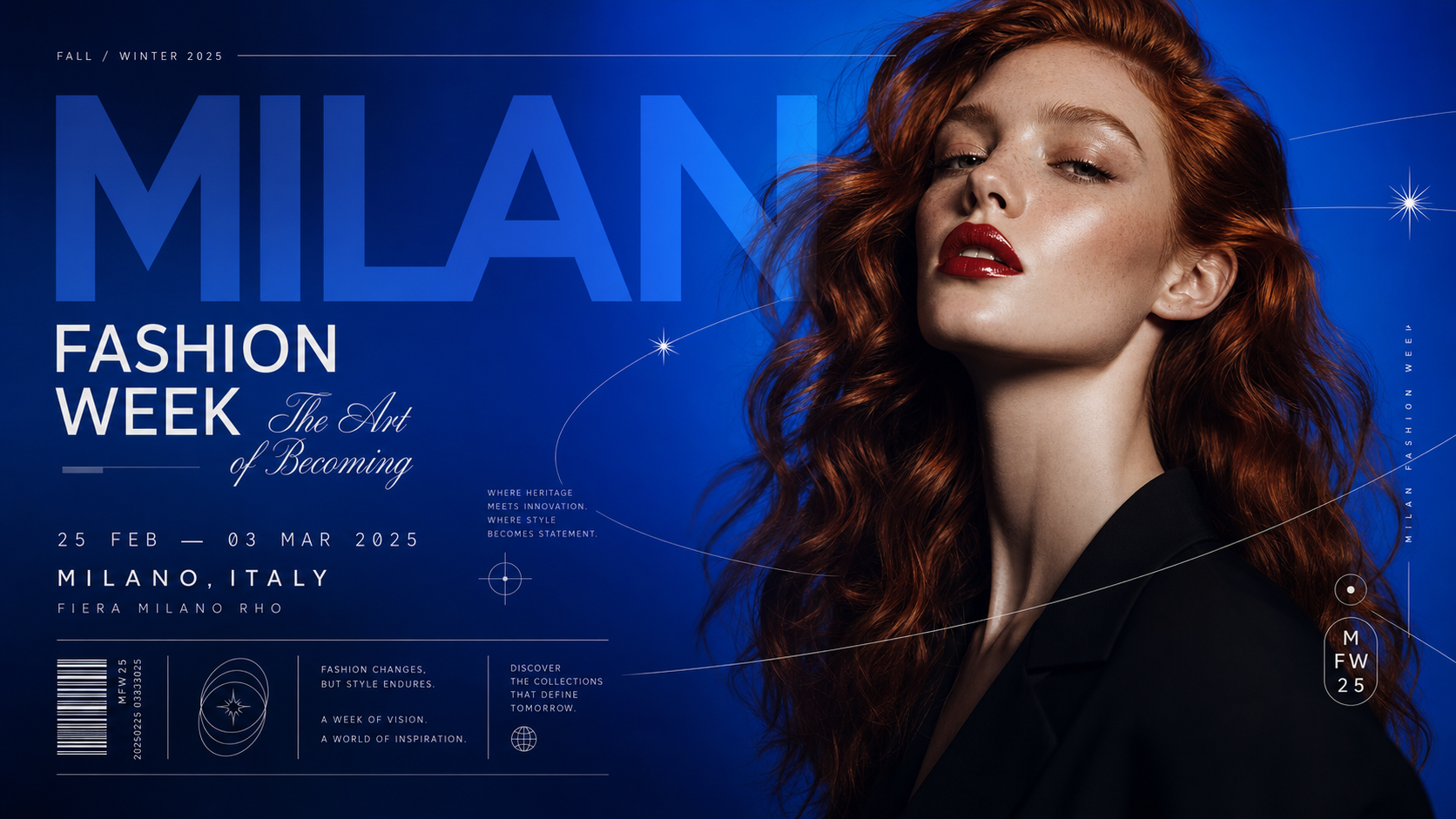 Ultra-premium fashion editorial event poster, world-class luxury fashion campaign designed in a cinematic horizontal 16:9 aspect ratio, photographed on a Hasselblad X2D medium-format camera with a 110mm portrait lens at f/2.8, ultra-high-resolution beauty photography, hyperrealistic skin rendering, luxury advertising aesthetic, cinematic color grading, premium studio production, award-winning art direction, Vogue Italia fashion-week campaign quality, horizontal widescreen composition, subject positioned on the right 40% of the frame, left 60% dedicated to editorial typography and graphic design, strong asymmetrical balance, Swiss-grid luxury layout, premium fashion billboard design, extensive negative space, striking haute couture fashion model with luminous porcelain skin, realistic freckles, vivid copper-red wavy hair, glossy crimson-red lips, sculpted cheekbones, elegant neck, refined jawline, sophisticated editorial beauty styling, visible skin pores, subtle imperfections, natural texture, luxury beauty-photography realism, dimensional flowing hair illuminated with soft movement, head slightly tilted backward, chin raised, eyes partially lowered toward camera, expression of confidence, exclusivity, mystery, sophistication and high-fashion attitude, elongated neck, oversized black tailored blazer visible in lower-right composition, face occupying approximately 35–40% of image width, rich sapphire-blue to electric-cobalt gradient background, deep midnight navy shadows transitioning into luminous royal-blue highlights, atmospheric glow radiating behind the subject, smooth seamless luxury studio environment, monochromatic premium backdrop, no visible edges, no environmental objects, oversized translucent typography spanning the left side of the composition, typography layered behind and partially intersecting the model, luxury fashion-week branding aesthetic, contemporary editorial composition, experimental magazine-inspired layout, massive bold sans-serif headline elements, elegant luxury script typography, thin geometric secondary typography, editorial micro-copy, modern Swiss design principles, transparent background typography integrated into the environment, thin white orbital vector lines wrapping around the model and extending across the entire width of the composition, elegant circular trajectories, floating stars, minimalist circles, geometric symbols, luxury editorial accents, sophisticated motion curves, premium information blocks distributed throughout the layout, date markers, location details, fashion-event information, editorial captions, creative-direction notes, minimalist labels, fine divider lines, luxury barcode element positioned in the lower-left corner, premium grid-based alignment, high-end beauty-commercial lighting, large diffused key light from front left, soft fill light from camera right, subtle rim light separating hair from background, controlled specular highlights on lips, eyes, hair and skin, smooth tonal transitions, elegant shadow falloff, luxury campaign illumination, high dynamic range, cinematic contrast, deep sapphire blue, electric cobalt blue, midnight navy, steel blue, bright white typography, copper-red hair, glossy crimson lips, black tailored blazer, subtle silver highlights, cool monochromatic atmosphere with dramatic warm subject contrast, Vogue Italia cover design, Mert & Marcus fashion photography, luxury fashion-week advertising, contemporary art-festival posters, luxury cosmetics campaigns, museum-quality fashion photography, Swiss typography systems, haute couture visual identity, ultra-realistic, hyper-detailed, photorealistic skin pores, medium-format photography, shallow depth of field, luxury editorial portraiture, layered typography integration, graphic design and photography fusion, HDR rendering, global illumination, ultra-sharp focus, luxury print-advertisement finish, award-winning creative direction, 8K resolution, masterpiece quality, cinematic fashion billboard, premium horizontal editorial poster, negative prompt: low resolution, blurry face, distorted anatomy, extra limbs, extra fingers, duplicated features, asymmetrical eyes, crossed eyes, deformed face, plastic skin, over-retouched skin, CGI appearance, cartoon style, illustration, poor typography, random text, cluttered layout, weak composition, washed-out colors, excessive neon saturation, poor graphic design, amateur poster design, bad cropping, watermark, logo, frame errors, low-detail hair, low-detail skin, poor lighting, compression artifacts, noise, out-of-focus eyes, unrealistic proportions.