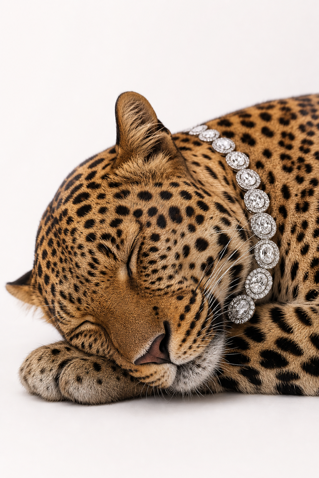 Minimalist luxury wildlife studio portrait, ultra-high-end editorial photography, featuring a single sleeping leopard peacefully resting inside a seamless white cyclorama studio. The image combines luxury jewelry campaign photography, fine-art wildlife portraiture, and minimalist commercial aesthetics. A mature leopard is positioned diagonally across the frame with its body extending naturally toward the right side of the image while its head rests in the lower-left portion of the composition. The leopard is sleeping deeply with both eyes fully closed, its head gently tilted toward the camera and resting naturally on its left front paw. The nose points slightly downward toward the lower center of the frame while the muzzle softly presses into the paw, creating realistic fur compression and natural contact. One ear remains visible above the head while the second ear is partially hidden by the body. The facial expression is completely relaxed, peaceful, and elegant, conveying comfort and serenity. The leopard occupies most of the composition, creating an intimate close-up portrait with only a portion of the shoulder and upper body remaining visible. Wrapped naturally around the upper neck is an extravagant luxury diamond necklace composed of multiple large oval-cut diamonds surrounded by pavé-set diamonds mounted in polished platinum, draping realistically along the curve of the neck with authentic gemstone reflections, subtle sparkle, realistic weight, and premium jewelry craftsmanship. Every individual fur strand is rendered with extreme realism, featuring warm golden-tan tones, creamy white fur around the muzzle and chin, deep black rosettes with natural irregular spacing, sharply resolved whiskers, textured nose leather, and photorealistic facial anatomy. Composition: Vertical portrait orientation. Extreme close-up composition. Leopard head positioned in the lower-left quadrant. Body extending toward the upper-right corner. Head resting on left front paw. Camera slightly above eye level looking downward at approximately a 25-degree angle. Necklace visible across the upper neck and shoulder. Tight crop emphasizing the face, paw, and jewelry. Clean seamless white background with abundant negative space surrounding the subject. Editorial luxury composition inspired by premium jewelry campaigns. Lighting: Large diffused overhead softbox with secondary front fill creating soft high-key illumination. Gentle shadow transitions beneath the muzzle and paw. Soft specular highlights across the diamonds. Even illumination preserving every fur detail. No harsh contrast. No dramatic rim lighting. Bright minimalist commercial studio lighting. Color Palette: Warm golden fur, rich black rosettes, creamy white muzzle, polished platinum jewelry, brilliant white diamonds, neutral white seamless background, soft natural contrast, realistic color reproduction. Mood & Atmosphere: Peaceful, luxurious, elegant, sophisticated, serene, intimate, calm, premium fashion editorial, timeless beauty, refined minimalism. Photography Style References: High-end Cartier jewelry campaign, luxury wildlife portraiture, premium commercial studio photography, fine-art animal portrait, contemporary editorial fashion photography, museum-quality wildlife photography, minimalist luxury advertising. Technical Specifications: Medium-format digital camera, Hasselblad X2D, 120mm portrait lens, f/2.8, ISO 100, ultra-shallow depth of field with the face, whiskers, necklace, and supporting paw critically sharp while the rear body gently falls into soft optical blur, HDR tonal range, physically accurate lighting, photorealistic fur micro-detail, ray-traced gemstone reflections, cinematic color grading, global illumination, luxury editorial quality, museum-grade commercial photography, 8K resolution. Keywords: sleeping leopard, head resting on left front paw, diagonal body composition, luxury diamond necklace, white seamless studio, close-up wildlife portrait, premium jewelry campaign, editorial photography, photorealistic fur, minimalist composition, peaceful sleeping pose, ultra-detailed, masterpiece. Negative Prompt: leopard facing the opposite direction, head resting on the right paw, looking at camera, open eyes, standing, sitting, walking, roaring, mouth open, aggressive pose, curled body, side profile, outdoor environment, jungle, rocks, trees, grass, cluttered background, multiple animals, distorted anatomy, duplicated whiskers, incorrect paw position, oversized necklace, CGI, illustration, painting, cartoon, low resolution, oversaturated colors, harsh shadows, text, watermark, logo.