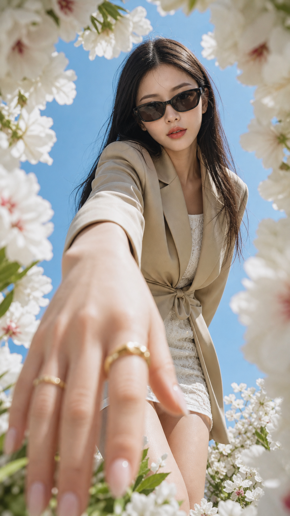 Ultra-realistic luxury fashion editorial portrait, photographed on a Hasselblad X2D medium-format camera with a 28mm wide-angle lens, f/4.0, ultra-high-resolution beauty photography, luxury fashion campaign aesthetic, cinematic color grading, premium magazine quality, photographed outdoors under direct midday sunlight, award-winning fashion photography, Vogue Italia editorial quality, luxury advertising campaign production. Subject: An adult fashion model wearing an oversized tailored beige blazer tied at the waist over a delicate white lace mini dress. Minimalist gold rings adorn the extended hand, complemented by a soft nude manicure. Narrow luxury rectangular sunglasses with glossy dark acetate frames and smoke-tinted lenses complete the styling. Long naturally textured hair moves softly in the sunlight. The styling is elegant, contemporary, and timeless, allowing the composition and perspective to dominate the image. Exact Body Position: The model leans forward toward the camera from a standing position, with the weight shifted slightly onto the front leg. The upper body extends naturally toward the lens while the lower body remains grounded. One arm reaches dramatically toward the camera, becoming the dominant foreground element, while the opposite arm remains relaxed and partially hidden by the blazer. The body forms a strong diagonal leading the viewer's eye from the foreground hand toward the face. Exact Hand Position: The extended hand reaches directly toward the camera, positioned approximately 25–35 centimeters from the lens. Fingers remain naturally relaxed and slightly separated with anatomically correct proportions. The wrist bends subtly downward. The gold rings catch the sunlight with realistic reflections. Due to the extreme wide-angle perspective, the hand appears approximately three times larger than the face and dominates the lower foreground. Exact Head Position: The head tilts slightly downward with the chin lowered approximately ten degrees while remaining directed toward the camera. The neck stays naturally elongated and the hair falls freely around the face. Exact Eye Direction: The model looks directly toward the camera through the sunglasses, creating a calm, confident, understated editorial mood. Facial Expression: Neutral luxury fashion expression with gently parted lips and relaxed facial muscles, conveying quiet confidence and contemporary editorial elegance. Camera Position: Camera positioned extremely low beneath the subject, pointing upward toward the sky. Lens located approximately 25–35 centimeters from the extended hand, creating dramatic perspective distortion while preserving realistic proportions. Composition: Vertical 9:16 aspect ratio. Subject centered within a circular frame of large white flowers. The extended hand dominates the lower foreground while the face occupies the upper-middle portion of the composition. Foreground flowers create strong depth layering between the lens, hand, subject, and sky. Environment: Outdoor summer setting beneath a clear blue sky with no visible buildings or distractions. Large white blossoms surround the edges of the frame, forming a natural floral portal effect. Foreground Elements: Massive soft-focus white flowers positioned only centimeters from the lens, creating heavy foreground blur, shallow depth of field, and an immersive floral vignette. Lighting Setup: Natural midday sunlight with crisp highlights, balanced shadows, high dynamic range, and premium commercial fashion lighting. Color Palette: Rich azure-blue sky, warm beige tailoring, cream-white flower petals, subtle blush-pink flower centers, gold jewelry accents, natural color grading, cinematic warm-cool contrast. Style References: Jacquemus campaign photography, Vogue Italia fashion editorials, Zara Studio luxury campaigns, Loewe resort collection imagery, Mert & Marcus editorial perspective work, contemporary luxury fashion advertising, premium Mediterranean summer campaign aesthetics. Technical Keywords: Ultra-realistic, hyper-detailed, Hasselblad X2D, medium-format photography, 28mm wide-angle lens, dramatic perspective distortion, shallow depth of field, luxury fashion campaign, editorial portraiture, cinematic color grading, HDR detail, floral foreground framing, premium advertising photography, resort luxury aesthetic, magazine-quality imagery, 8K, award-winning fashion photography. Negative Prompt: text, typography, captions, watermark, logos, branding, magazine cover, frame border, extra people, extra hands, extra fingers, deformed fingers, bad anatomy, asymmetrical face, crossed eyes, duplicate limbs, CGI, cartoon, artificial skin, plastic skin, low resolution, blurry subject, distorted perspective, cropped hand, missing fingers, cluttered background, buildings, cityscape, dull lighting, flat composition, excessive retouching, AI artifacts.