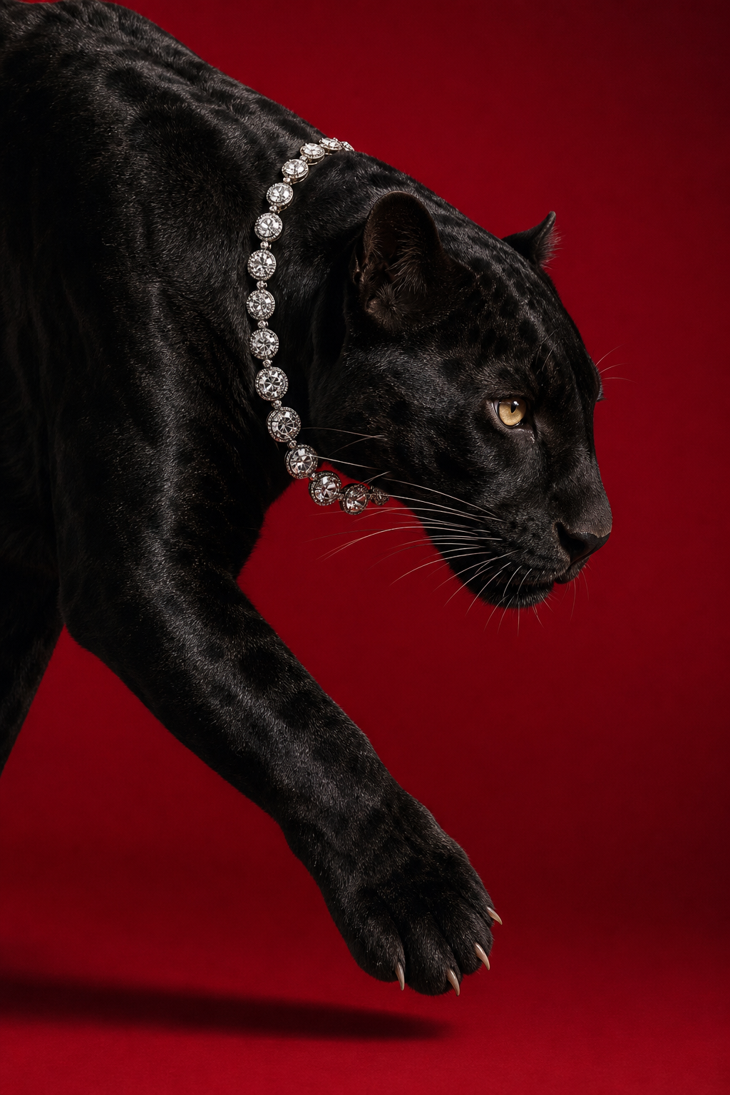 Minimalist luxury wildlife editorial portrait, ultra-high-end fashion campaign photography, featuring a single black panther captured mid-stride inside a seamless studio environment illuminated by a rich crimson-red backdrop. The image combines luxury jewelry advertising, fine-art wildlife portraiture, cinematic commercial photography, and contemporary editorial aesthetics. A mature melanistic black panther dominates the frame, positioned diagonally from the upper-left toward the lower-right, walking with slow, controlled precision. Its body extends naturally out of the left side of the frame while the head occupies the upper-right quadrant, creating a powerful sense of movement and tension. The panther's front left paw is lifted gracefully in mid-step with the claws partially exposed, while the remaining body continues beyond the frame, emphasizing scale and elegance. The head is lowered slightly below shoulder level in a classic stalking posture, neck extended forward, nose pointing toward the right edge of the image, and the gaze fixed intensely ahead with one visible piercing golden-amber eye. The expression is calm, focused, confident, and predatory rather than aggressive, conveying silent strength and effortless dominance. Both ears remain upright and alert with subtle forward orientation. Wrapped naturally around the neck is an extravagant luxury diamond necklace composed of oversized round brilliant-cut diamonds connected by polished platinum links, draping realistically with natural weight and gravity. The diamonds display authentic internal refraction, subtle fire, realistic sparkle, and premium jewelry craftsmanship without exaggerated glow. Every strand of the panther's jet-black fur is rendered with exceptional realism, revealing subtle tonal variations, silky reflections, and rich microtexture despite the dark coloration. Soft studio lighting defines the muscular shoulders, neck, jawline, and foreleg through delicate specular highlights while preserving deep blacks and realistic shadow detail. Long white whiskers curve naturally from the muzzle with razor-sharp definition, while the nose and facial anatomy exhibit lifelike textures and proportions. Composition: Vertical portrait orientation. Tight close-up crop. Panther body entering from the upper-left corner. Head positioned near the upper-right third. Front left paw suspended in the lower-left quadrant. Subject fills approximately eighty percent of the frame while maintaining strong negative space on the right. Dynamic diagonal composition emphasizing motion. Editorial luxury campaign aesthetic. Lighting: Large diffused studio softbox positioned above and slightly to the left with controlled directional lighting creating glossy highlights across the black fur while maintaining deep shadow detail. Rich high-contrast illumination with soft transitions. Even gemstone highlights across every diamond. Minimal rim lighting. Clean luxury commercial studio lighting. Background: Seamless vivid crimson-red studio backdrop with subtle tonal gradient, free from distractions, props, textures, or environmental elements. The floor gently curves into the backdrop, creating a seamless cyclorama effect with a soft shadow beneath the lifted paw adding depth. Color Palette: Deep jet black fur, vivid crimson red background, brilliant white diamonds, polished platinum jewelry, warm golden-amber eye, neutral white whiskers, subtle charcoal shadows, luxurious monochromatic contrast. Mood & Atmosphere: Powerful, sophisticated, luxurious, mysterious, elegant, confident, timeless, cinematic, premium editorial, silent intensity, refined minimalism, modern luxury advertising. Photography Style References: Cartier high jewelry campaign, Bulgari luxury advertising, National Geographic fine-art wildlife portraiture, Vogue editorial animal photography, premium commercial fashion campaign, museum-quality wildlife photography, luxury beauty campaign, cinematic studio portraiture. Technical Specifications: Medium-format digital camera, Hasselblad X2D, 120mm portrait lens, f/4, ISO 100, ultra-high dynamic range, critically sharp focus across the eye, muzzle, necklace, and lifted paw with gentle optical falloff across the body, physically accurate lighting, photorealistic fur micro-detail, ray-traced gemstone reflections, global illumination, cinematic color grading, subtle film grain, luxury editorial quality, museum-grade commercial photography, 8K resolution. Keywords: black panther, melanistic leopard, luxury diamond necklace, crimson studio backdrop, stalking pose, lifted front paw, golden eye, editorial wildlife portrait, luxury jewelry campaign, cinematic studio lighting, photorealistic fur, minimalist composition, masterpiece, ultra-detailed. Negative Prompt: sitting pose, sleeping pose, roaring, open mouth, multiple animals, facing camera, looking upward, outdoor environment, jungle, rocks, trees, grass, cluttered background, blue background, incorrect anatomy, oversized paws, duplicated whiskers, exaggerated muscle definition, glowing fur, fake diamonds, CGI, cartoon, painting, illustration, low resolution, blurry image, harsh shadows, oversaturated colors, text, logos, watermarks, distracting objects, cropped face, incorrect necklace placement.