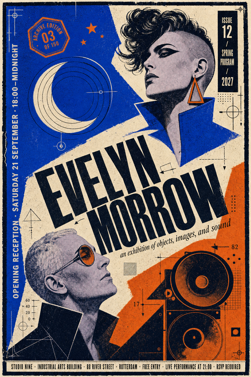 A vertical exhibition invitation poster in the aesthetic of late-1970s European art-punk posters fused with early-1980s postmodern editorial graphics. The design feels like a rare silkscreen print discovered in an underground gallery archive: raw, intellectual, rebellious, tactile, and unmistakably handmade. Heavy halftone grain, imperfect registration, visible ink texture, rough paper stock, and DIY print-shop energy throughout. FORMAT & FRAME Canvas: Vertical 2:3 portrait format. The entire composition is enclosed within a thick irregular hand-drawn border printed in deep navy-black ink. The frame is visibly imperfect, with shaky line weight, tiny gaps, scratches, and slight misregistration as if pulled manually through a silkscreen press. Corners contain subtle registration marks and crop-line artifacts that remain visible, reinforcing the production-print aesthetic. BACKGROUND COMPOSITION The poster is divided into three asymmetrical geometric fields that interlock diagonally rather than using a simple grid. Upper-left section: A massive electric cobalt-blue shape occupies roughly 40% of the poster. The shape is irregular and angular, resembling a torn paper collage fragment. Its surface contains dense halftone grain, slight ink pooling, and random printing imperfections. Embedded inside the blue field is a large cream-colored crescent moon graphic intersected by several thin black concentric rings, creating the feeling of a scientific diagram or orbital chart. Several tiny orange stars float nearby as simple geometric icons. Center diagonal band: Running from upper-right to lower-left is a wide cream-colored strip that cuts dramatically through the composition. This area becomes the main stage for typography. The strip contains subtle paper texture and visible screen-print dot patterns. Lower-right section: A saturated burnt-orange field fills the remaining lower-right area. The orange is rich and slightly muted, with visible silkscreen grain and uneven ink density. Overlapping this section are several large black geometric forms resembling abstract speaker cones, industrial machinery parts, or architectural fragments. SUBJECTS Two highly stylized portrait figures dominate the composition. Portrait One (Primary Figure) Positioned in the upper-right area, partially overlapping the cream diagonal band. A striking androgynous figure with a dramatic asymmetrical haircut: one side shaved close, the other side extending into a sculptural wave of thick hair. The face is turned slightly upward, creating a feeling of ambition and movement. Features are simplified into bold graphic shapes. Skin is rendered using cool pale lavender-grey halftone dots. Eyes are represented as sharp black graphic forms. The figure wears a large geometric triangular earring in bright orange. A high-collared cobalt-blue jacket rises dramatically around the neck. The portrait has slight color misalignment, allowing cream and blue layers to shift subtly beyond the edges. Portrait Two (Secondary Figure) Located in the lower-left quadrant. A mature figure with strong facial structure and closely cropped silver hair. Shown in profile facing upward toward the first figure. Expression is calm, reflective, and thoughtful. Rendered using coarse halftone dots in pale lavender-grey over cream. A circular orange monocle-like lens covers one eye, creating an intellectual avant-garde feel. The figure wears a structured dark navy coat that dissolves into abstract geometric shapes. Their silhouette partially disappears beneath the typography, creating dynamic layering. GRAPHIC ELEMENTS Scattered throughout the composition: Thin orbital lines. Tiny directional arrows. Hand-drawn measurement marks. Mechanical diagram symbols. Fragments of torn-paper textures. Small circles and squares used as visual punctuation. Everything feels inspired by experimental editorial design, constructivism, and underground music flyers. TYPOGRAPHY SYSTEM Top-right Label A narrow vertical black rectangle. Inside, cream uppercase condensed sans-serif text: "ISSUE 12 / SPRING PROGRAM / 2027" Text stacked tightly with inconsistent spacing and subtle printing defects. Main Artist Name Dominating the center diagonal cream band. Large condensed ultra-bold sans-serif typography. Split across two lines: "EVELYN MORROW" Letters are oversized and aggressively scaled. Some characters slightly overlap. One character appears marginally rotated due to registration error. Printed in deep navy-black. Visible ink bleed around edges. Subtitle Placed beneath the name. Elegant italic serif. Text: "an exhibition of objects, images, and sound" Printed in navy-black. Small enough to contrast with the massive headline. Vertical Event Information Running vertically along the far left edge. Cream text on cobalt-blue. Reads: "OPENING RECEPTION · SATURDAY 21 SEPTEMBER · 18:00–MIDNIGHT" Condensed uppercase sans-serif. Bottom Information Bar A thick cream strip spanning the entire width. Tiny uppercase black typography: "STUDIO NINE · INDUSTRIAL ARTS BUILDING · 88 RIVER STREET · ROTTERDAM · FREE ENTRY · LIVE PERFORMANCE AT 21:00 · RSVP REQUIRED" Printed with slight misalignment. STAMP / SEAL Positioned near the upper-left blue field. A rough-edged hexagonal stamp graphic. Printed in orange. Contains tiny circular text: "ARCHIVE EDITION SERIES 03 OF 150" The seal appears slightly overprinted and imperfect. COLOR PALETTE Strictly limited silkscreen palette: Electric Cobalt Blue (#1557FF) Burnt Orange (#E96B2A) Deep Navy Black (#101722) Warm Cream (#F6F0DE) Pale Lavender Grey (#B9B2C8) No gradients. No modern digital effects. No realistic lighting. Only flat printed color fields, halftones, overprinting, and texture. PRINT CHARACTERISTICS Heavy halftone dot structure throughout. Visible screen-print mesh texture. Slight color registration shifts. Occasional ink smudges. Uneven edges. Paper grain visible beneath ink layers. Tiny accidental marks and imperfections preserved. Feels physically printed rather than digitally created. MOOD & REFERENCES Underground European art scene. Experimental post-punk culture. 1982 Amsterdam exhibition poster. Constructivist-inspired editorial layouts. Independent music labels. Art-school photocopy culture. Museum archive quality. Behance-featured graphic design project. Collector-grade silkscreen poster. Ultra-detailed 4K print-ready artwork.
