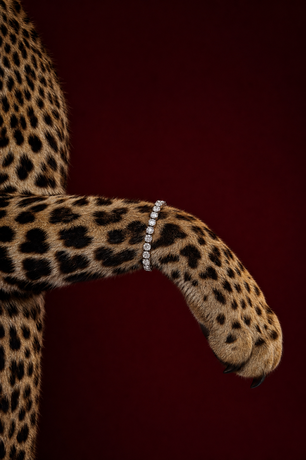 Minimalist luxury wildlife editorial detail shot, ultra-high-end jewelry campaign photography, featuring a single leopard's front leg elegantly extended inside a seamless luxury studio environment with a rich burgundy backdrop. The image combines haute joaillerie advertising, fine-art wildlife photography, premium fashion editorials, and minimalist commercial aesthetics. A mature leopard is partially visible within the frame, with only the lower torso, shoulder, and one front leg revealed, creating an intimate cropped composition that emphasizes texture, craftsmanship, and luxury. The front leg extends horizontally across the center of the image from left to right, suspended naturally in midair with relaxed anatomy and a gentle downward angle. The paw hangs softly with naturally aligned toes, partially visible black claws, and realistic weight distribution, conveying effortless elegance rather than motion or aggression. Wrapped delicately around the wrist is an exquisite luxury diamond tennis bracelet composed of perfectly matched round brilliant-cut diamonds mounted in polished white gold or platinum. Each stone displays realistic internal refraction, subtle fire, authentic brilliance, premium craftsmanship, and delicate reflections without exaggerated sparkle. The bracelet sits naturally against the fur with believable weight and follows the anatomical curvature of the leg. Every strand of the leopard's golden-tan fur is rendered with exceptional photorealism, displaying rich black rosettes with naturally irregular spacing, soft underfur, visible hair direction, and subtle tonal variation. Individual hairs remain sharply resolved with realistic texture and depth, while the paw exhibits finely detailed fur transitions and natural anatomical proportions. Composition: Vertical portrait orientation. Tight editorial crop. Leopard torso positioned along the left edge of the frame with the front leg extending horizontally across the center toward the right. Bracelet positioned near the visual center, becoming the primary focal point. Paw terminating near the lower-right quadrant. Strong use of negative space surrounding the subject. Luxury commercial composition inspired by premium jewelry campaigns. Lighting: Large diffused overhead softbox with subtle directional fill creating soft high-end studio illumination. Controlled specular highlights define the diamonds while preserving natural fur texture and rich contrast. Smooth shadow transitions. High dynamic range. Minimal rim lighting. Premium commercial studio lighting. Background: Seamless deep burgundy studio backdrop with a subtle tonal gradient fading into darker crimson toward the edges. Completely clean and distraction-free with no visible props, textures, or environmental elements. Color Palette: Warm golden-tan fur, rich black rosettes, polished platinum jewelry, brilliant white diamonds, deep burgundy background, soft neutral highlights, luxurious warm-to-dark tonal contrast. Mood & Atmosphere: Quiet luxury, sophisticated elegance, refined craftsmanship, timeless beauty, premium editorial minimalism, understated opulence, contemporary luxury advertising, museum-quality presentation. Photography Style References: Cartier high jewelry campaign, Tiffany & Co. luxury advertising, Bulgari editorial photography, National Geographic fine-art wildlife portraiture, Vogue luxury accessories campaign, premium commercial fashion photography, contemporary minimalist luxury editorials. Technical Specifications: Medium-format digital camera, Hasselblad X2D, 120mm macro portrait lens, f/5.6, ISO 100, ultra-high dynamic range, critically sharp focus across the bracelet, wrist, fur texture, and paw while the background transitions into smooth optical blur, physically accurate lighting, photorealistic fur micro-detail, ray-traced gemstone reflections, global illumination, cinematic color grading, subtle film grain, luxury editorial quality, museum-grade commercial photography, 8K resolution. Keywords: leopard paw, luxury diamond bracelet, wildlife jewelry campaign, cropped animal portrait, minimalist composition, burgundy studio backdrop, photorealistic fur, premium accessories photography, haute joaillerie campaign, editorial luxury, macro wildlife detail, masterpiece, ultra-detailed. Negative Prompt: full animal visible, face visible, eyes, open mouth, roaring, walking pose, running, multiple animals, outdoor environment, jungle, rocks, grass, trees, cluttered background, oversized bracelet, incorrect bracelet placement, unrealistic anatomy, duplicated limbs, extra paws, fake diamonds, glowing jewelry, CGI, illustration, cartoon, painting, plastic fur, low resolution, blurry details, oversaturated colors, harsh shadows, text, watermark, logos, distracting objects, AI artifacts.
